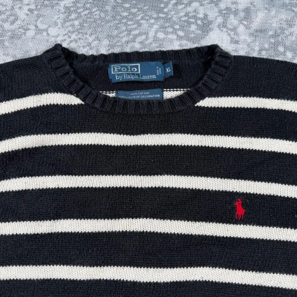 Polo Ralph Lauren Sweater Mens XL Navy White Striped Cotton Knit Preppy Crewneck
